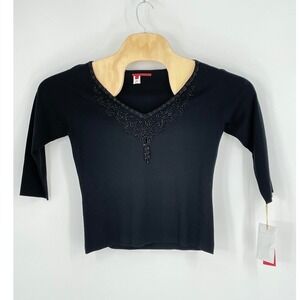 NWT Tape Measure Silk Blend Beaded‎ V-Neck Top Black 3/4 Sleeve NWT Large